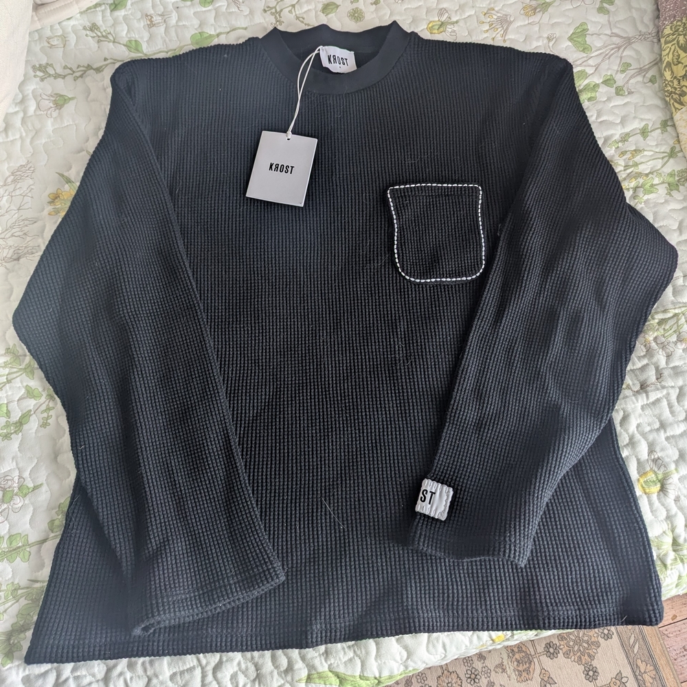 Krost Black Waffle Knit Crewneck Thermal Shirt